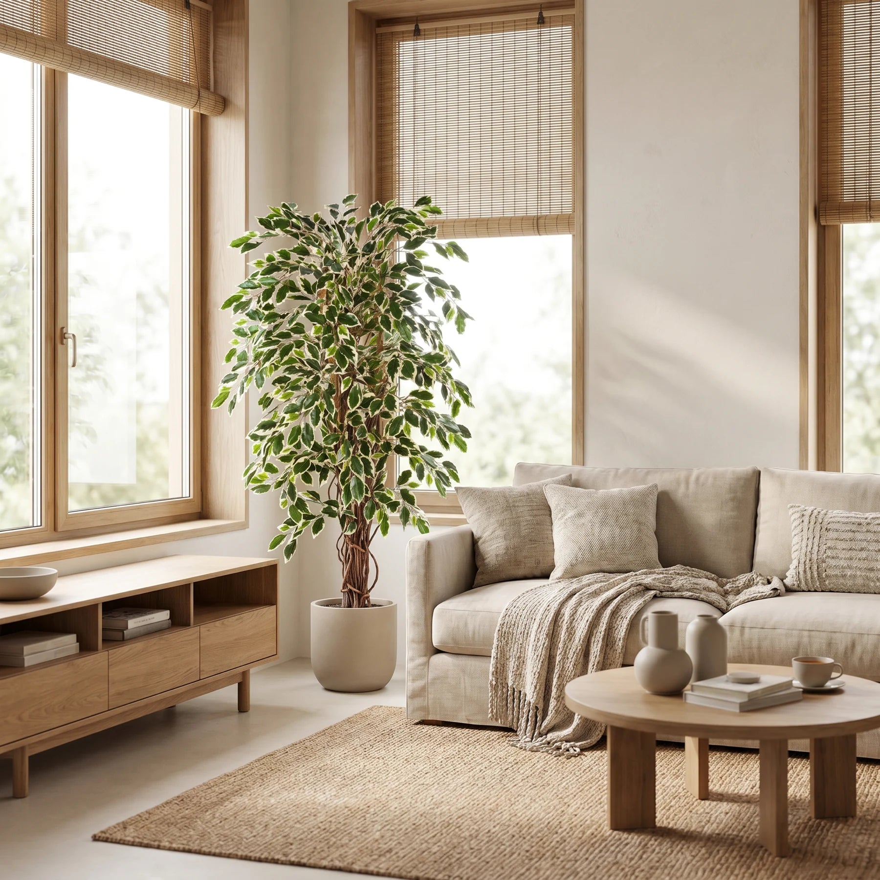 Künstlicher Ficus - Ravian, 150 cm, Kunstbaum von aplanta, mit Echtholzstamm, inkl. Startertopf, in Natur, für drinnen