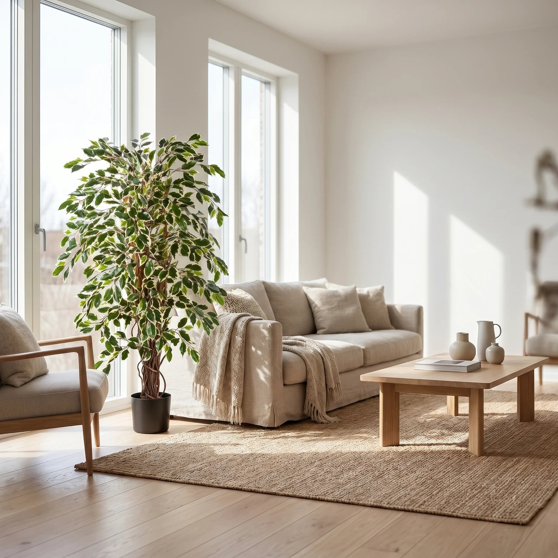 Künstlicher Ficus - Ravian, 150 cm, Kunstbaum von aplanta, mit Echtholzstamm, inkl. Startertopf, in Natur, für drinnen