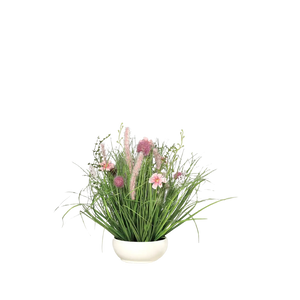 Hochwertiges Kunstgras auf transparentem Hintergrund mit echt wirkenden Kunstblättern in natürlicher Anordnung. Künstliche Wiesenblumen - Jade hat die Farbe Pink und ist 58 cm hoch. | aplanta Kunstpflanzen